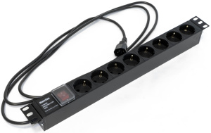 Hyperline SHE19-8SH-S-2.5IEC Блок розеток для 19" шкафов, горизонтальный, 8 розеток Schuko, выключатель с подсветкой, кабель питания 2.5м (3х1.0мм2) с